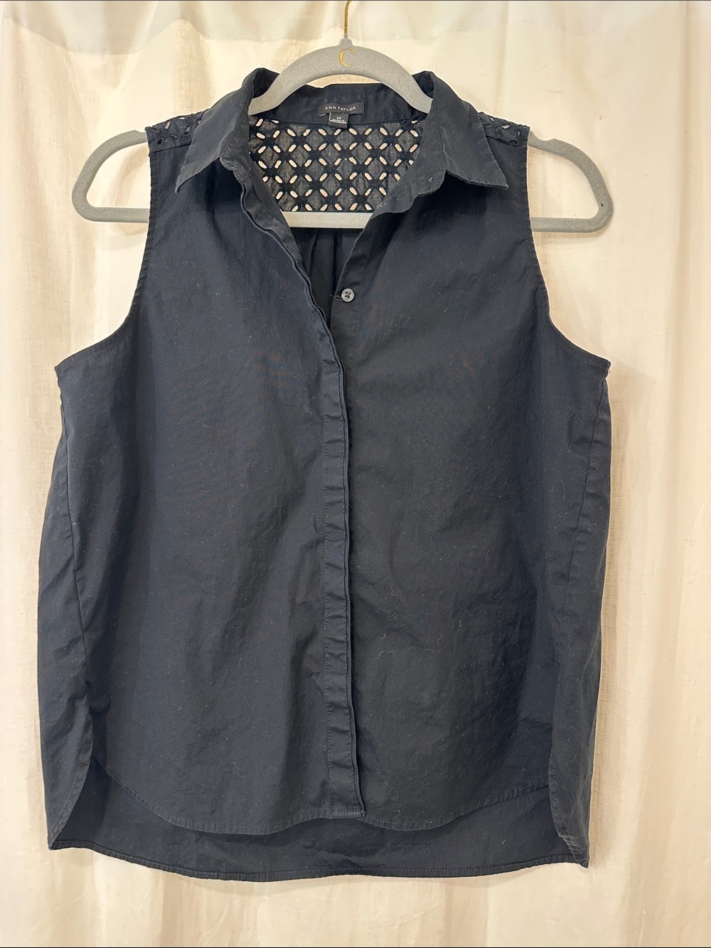 Ann Taylor Navy Sleeveless Button-Down with Lattice Back